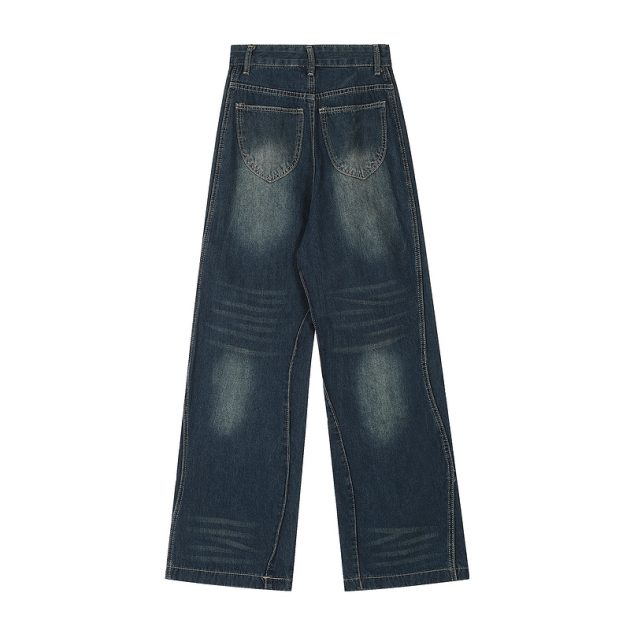 American retro niche wavy lines washed and stacked, loose straight tube slightly flared casual jeans - Image 3