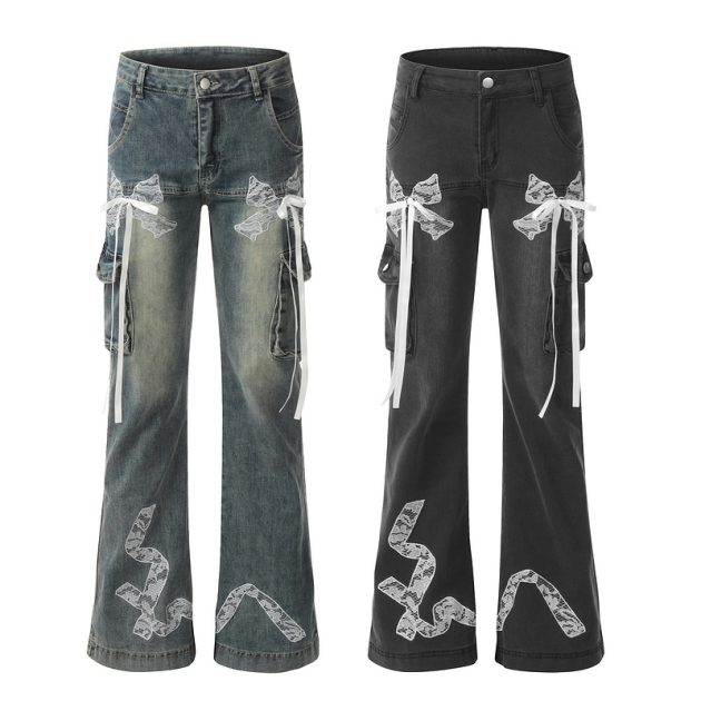 Retro lace butterfly strap micro flared women's jeans