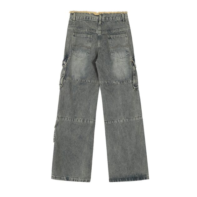Large size women's spring and autumn high waist loose slimming straight leg wide leg distressed fringed jeans - Image 3