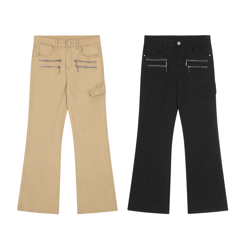 American workwear khaki color niche distressed washed elastic slightly flared straight leg workwear pants