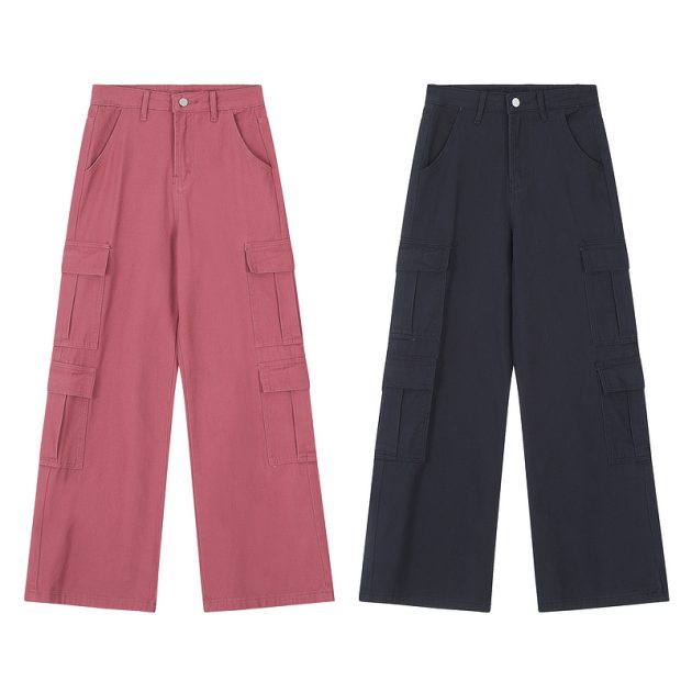 American Women's straight tube loose wide leg casual retro dopamine large pocket washed workwear jeans