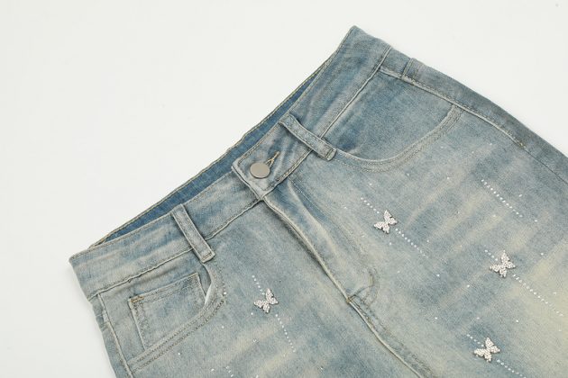 2025 Spring and Autumn New Butterfly Hot Diamond High Waist Slimming Water Washed Blue Slimming Micro Pull Down Jeans - Image 7