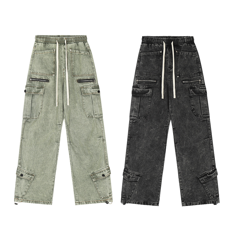 American street retro work pants with loose wide legs, washed and distressed multi pocket jeans
