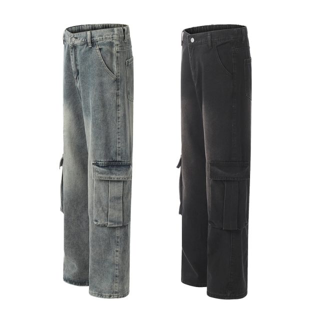 American heavyweight retro washed wide leg loose multi pocket workwear jeans - Image 2