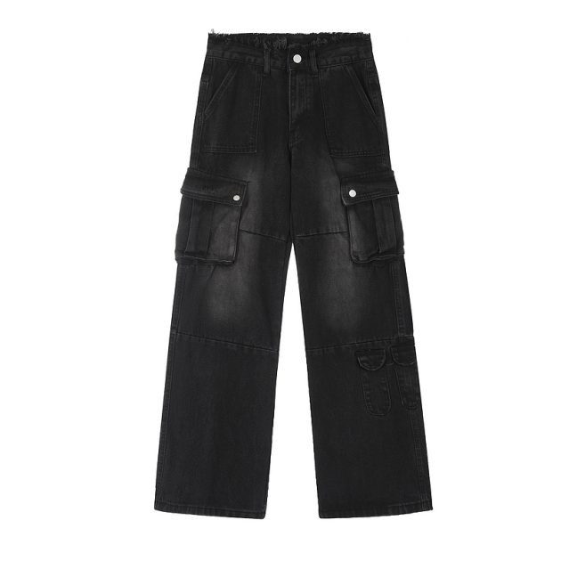Large size women's spring and autumn high waist loose slimming straight leg wide leg distressed fringed jeans - Image 4