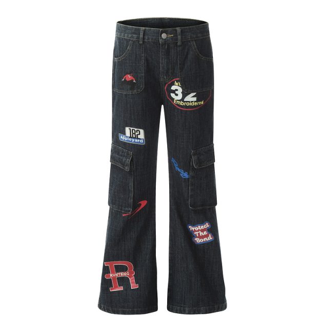 American style vintage stamps look slim, retro, niche, micro flared, men's and women's jeans, men's - Image 2