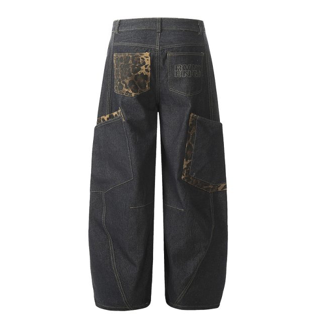 Big pocket curved knife jeans for men and women loose retro baggy wide leg embroidered floor pants - Image 6