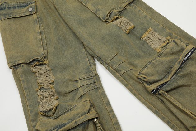 Men's heavy-duty loose fitting, worn-out, perforated, waste soil work pants - Image 8