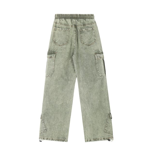 American street retro work pants with loose wide legs, washed and distressed multi pocket jeans - Image 3