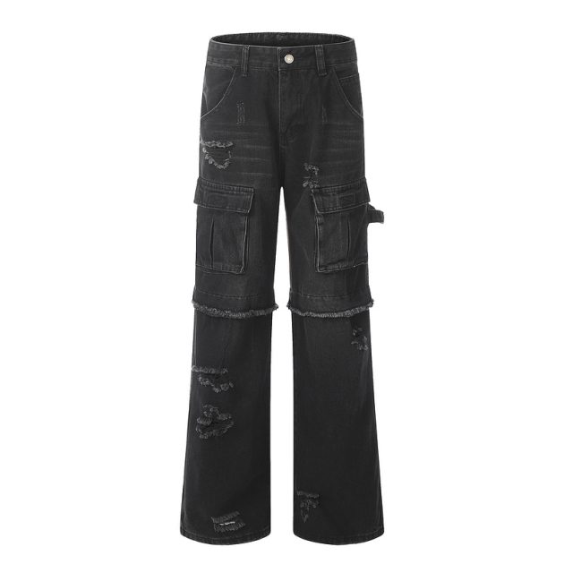 Vintage fringed design with wide legs, floor mopping, washed and distressed denim jeans - Image 4