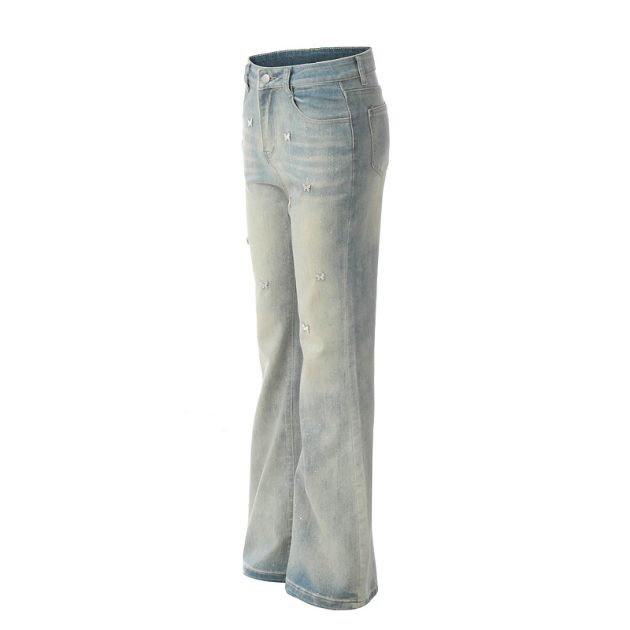 2025 Spring and Autumn New Butterfly Hot Diamond High Waist Slimming Water Washed Blue Slimming Micro Pull Down Jeans - Image 5