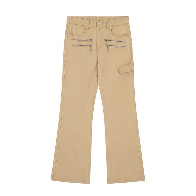 American workwear khaki color niche distressed washed elastic slightly flared straight leg workwear pants - Image 4