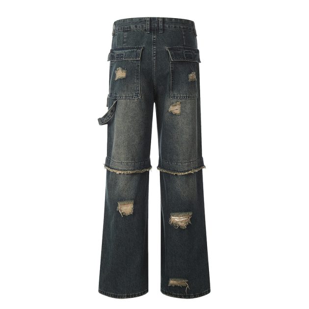 Vintage fringed design with wide legs, floor mopping, washed and distressed denim jeans - Image 3