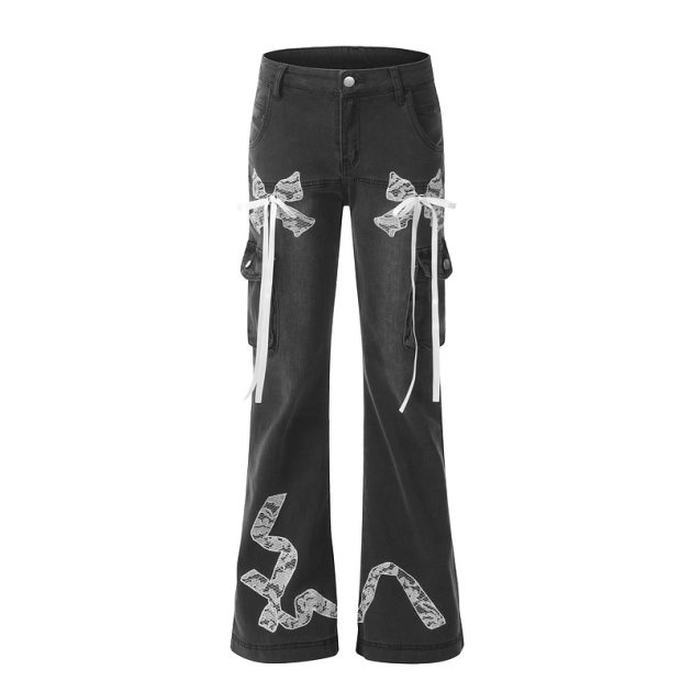 Retro lace butterfly strap micro flared women's jeans - Image 7