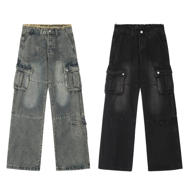 Large size women's spring and autumn high waist loose slimming straight leg wide leg distressed fringed jeans