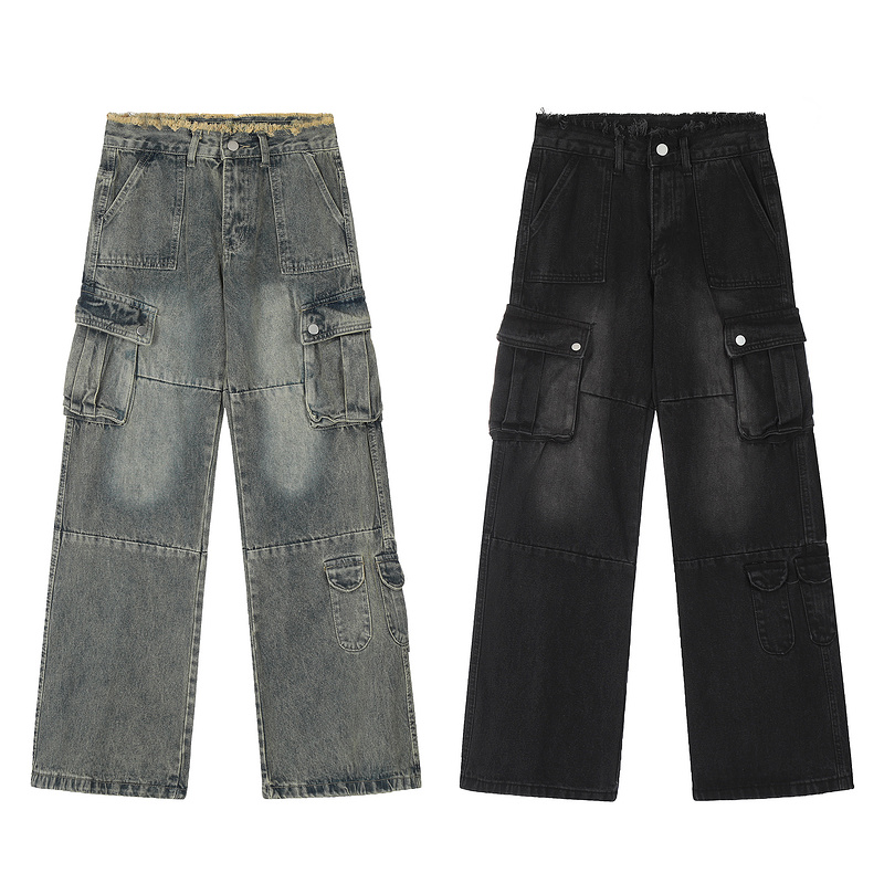 Large size women’s spring and autumn high waist loose slimming straight leg wide leg distressed fringed jeans