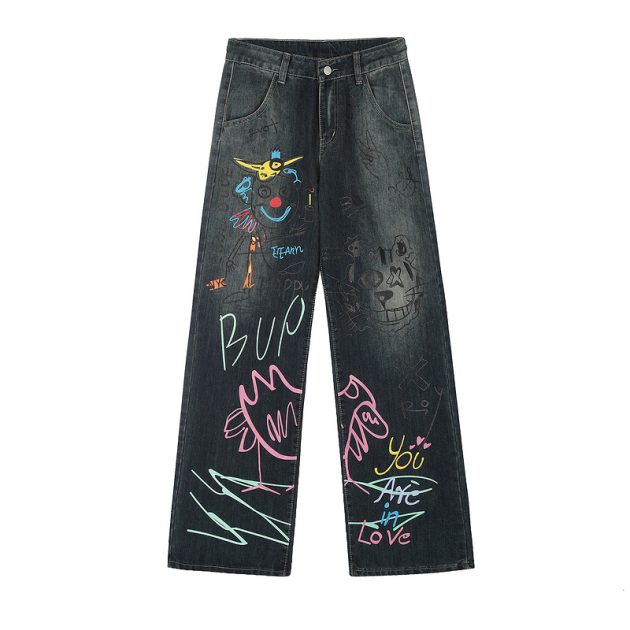 American retro high street graffiti straight leg jeans - Image 2