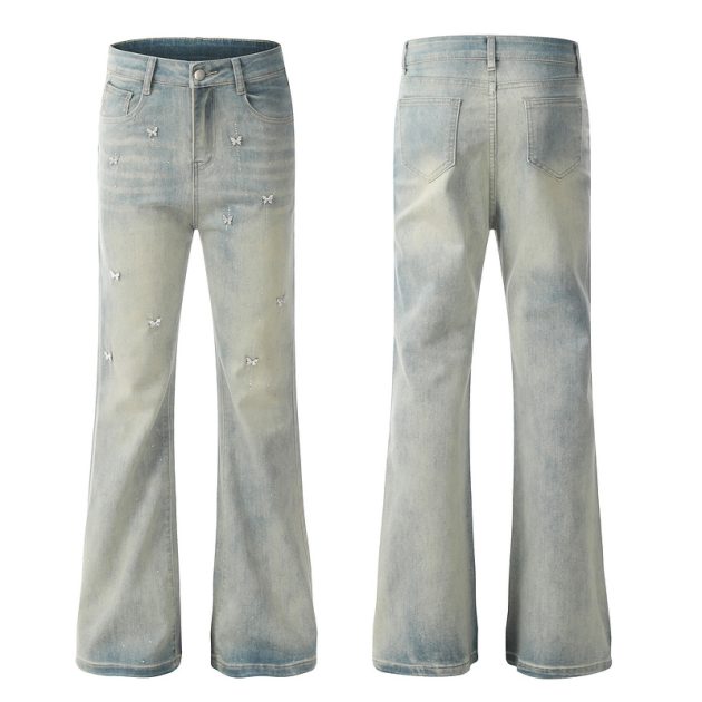2025 Spring and Autumn New Butterfly Hot Diamond High Waist Slimming Water Washed Blue Slimming Micro Pull Down Jeans