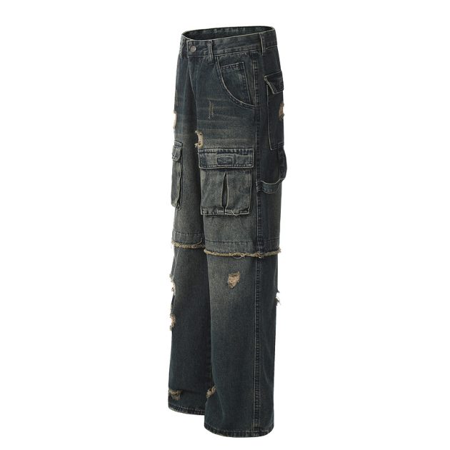 Vintage fringed design with wide legs, floor mopping, washed and distressed denim jeans - Image 6
