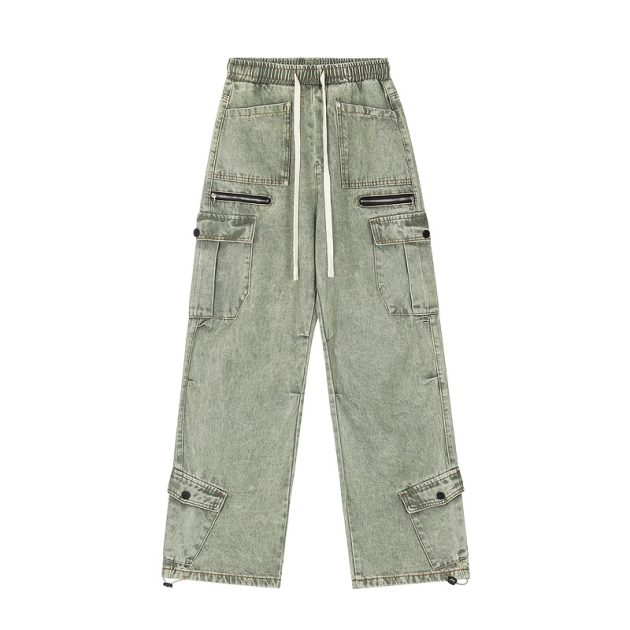 American street retro work pants with loose wide legs, washed and distressed multi pocket jeans - Image 2
