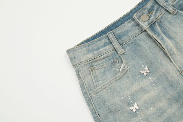 2025 Spring and Autumn New Butterfly Hot Diamond High Waist Slimming Water Washed Blue Slimming Micro Pull Down Jeans - Image 11