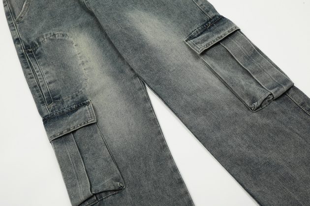 American heavyweight retro washed wide leg loose multi pocket workwear jeans - Image 14